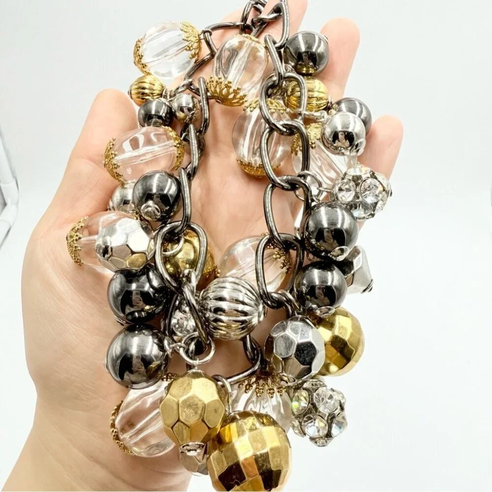 Joan Rivers Bauble Beads Grey Gold Crystal Couture Chunky Choker Necklace